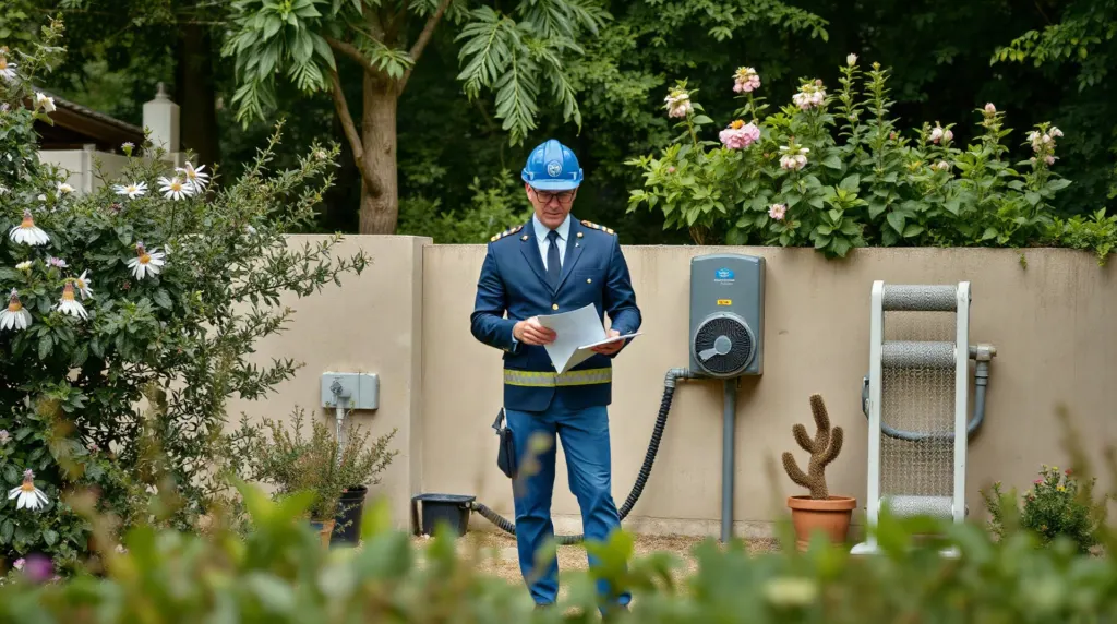 Agent du SPANC inspectant une installation d'assainissement dans un jardin