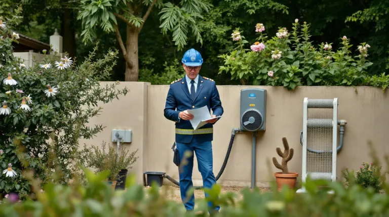 Agent du SPANC inspectant une installation d'assainissement dans un jardin