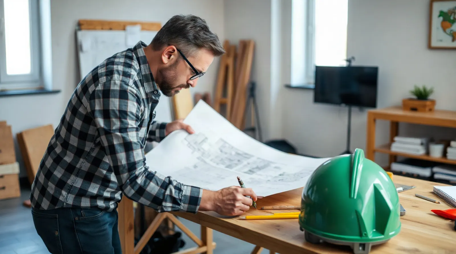Artisan consultant des plans architecturaux sur une table de chantier