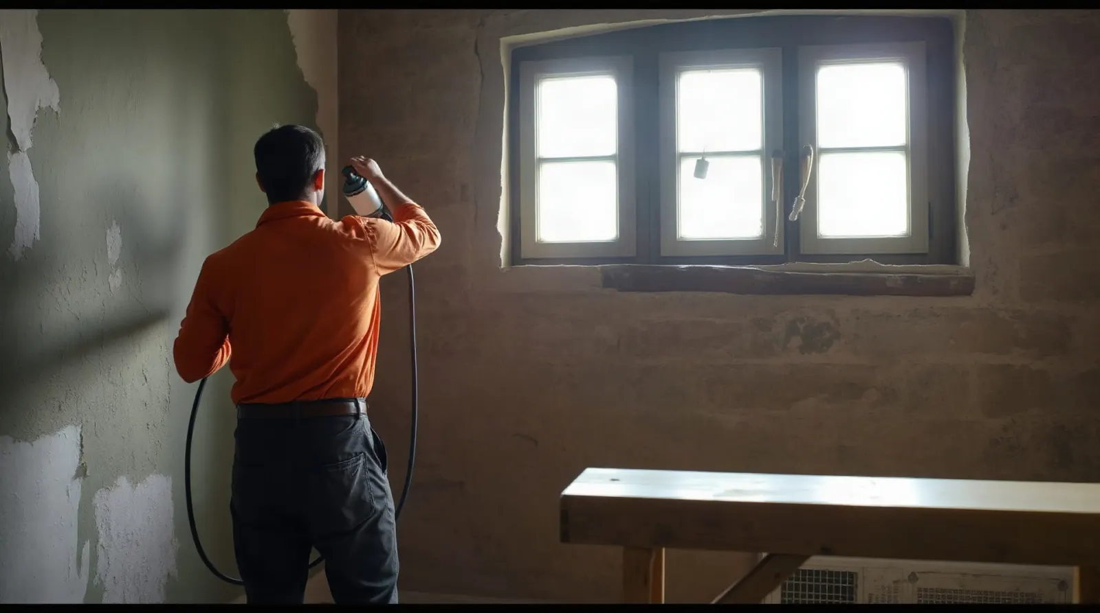 Artisan projetant un enduit chaux-chanvre sur un mur intérieur en pierre