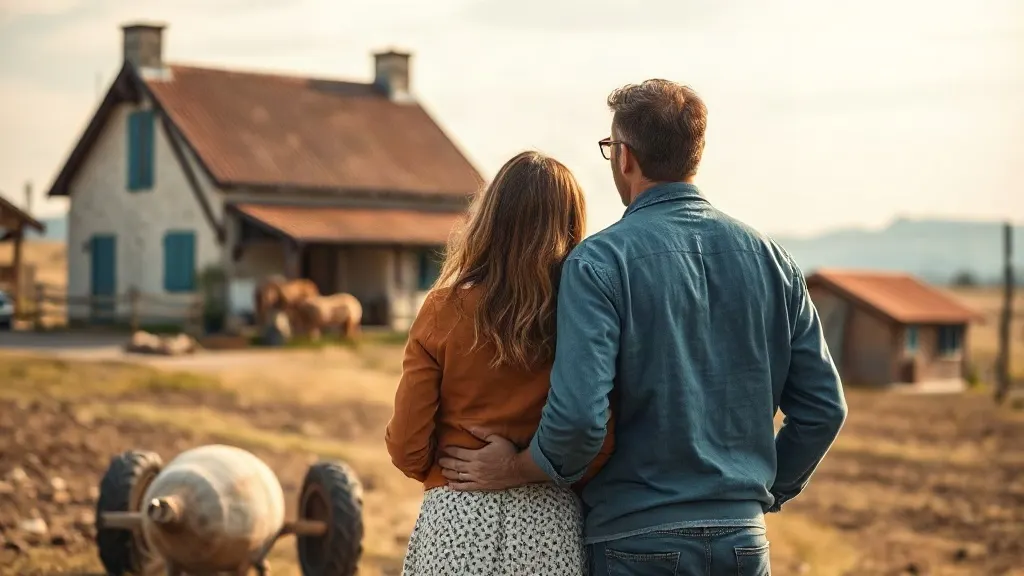Couple visitant une propriété rurale avec terrain