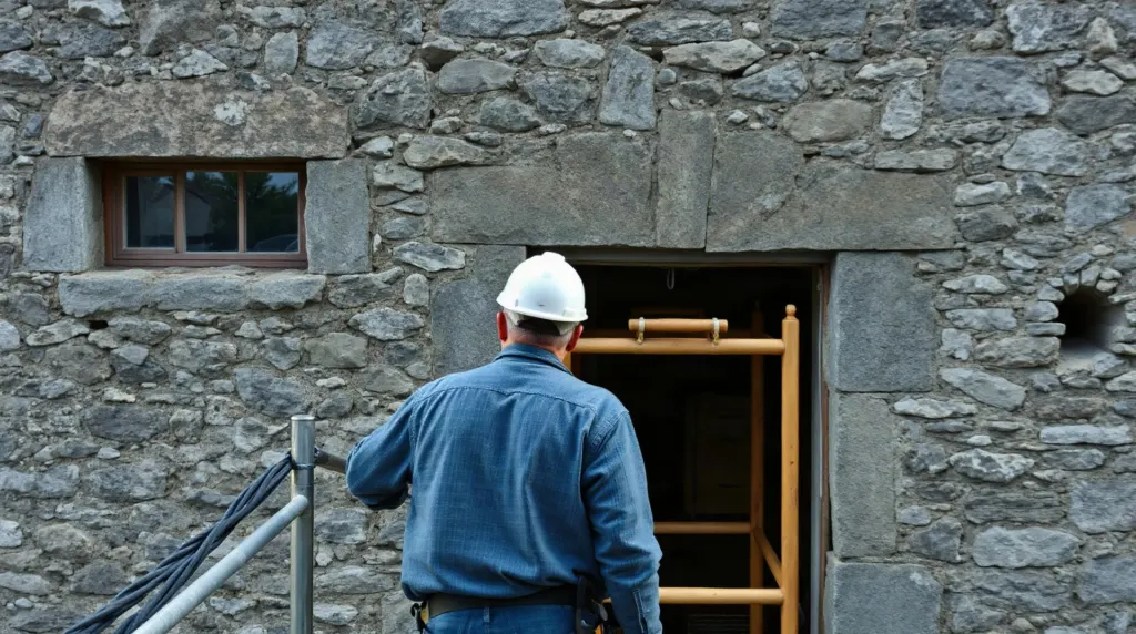 Façade en pierre d'une longère en cours de rénovation