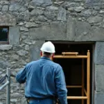 Façade en pierre d'une longère en cours de rénovation