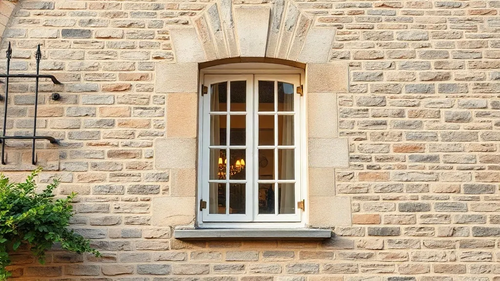 Menuisier posant une fenêtre neuve sur une façade en pierre