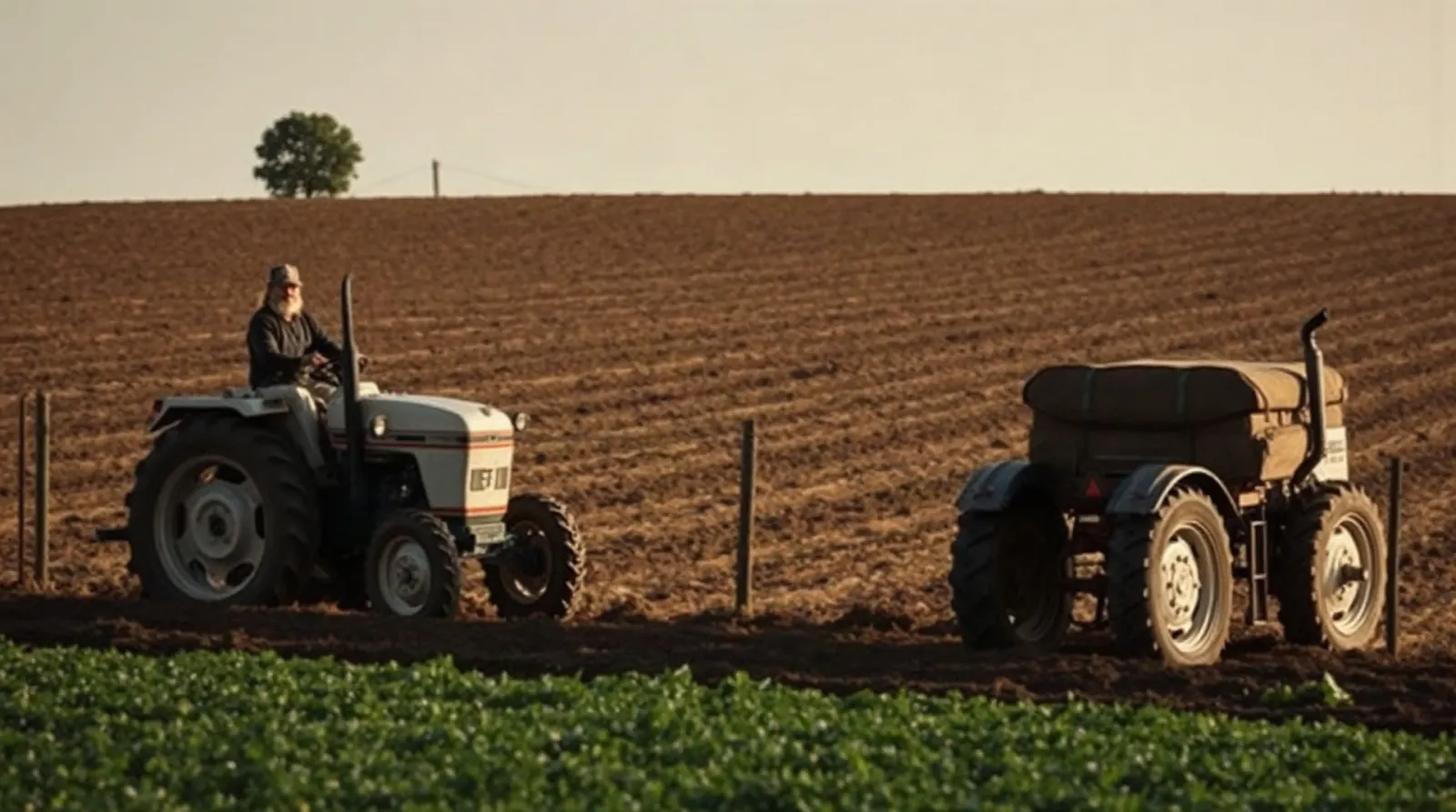 Tracteur labourant une parcelle de terre agricole en zone rurale