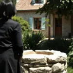 Vieux puits en pierre dans un jardin de maison rurale