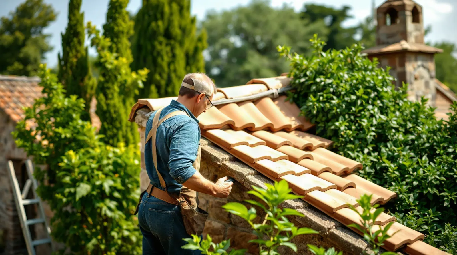 Artisan effectuant des travaux de toiture sur une maison ancienne